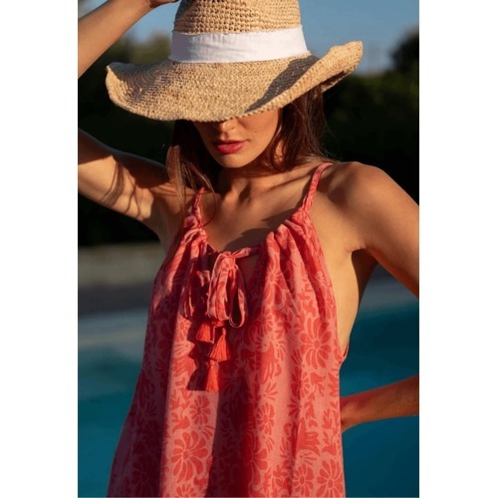 Mersea Light & Breezy Dress Women Coral Floral Halter Tassel S/M NEW
